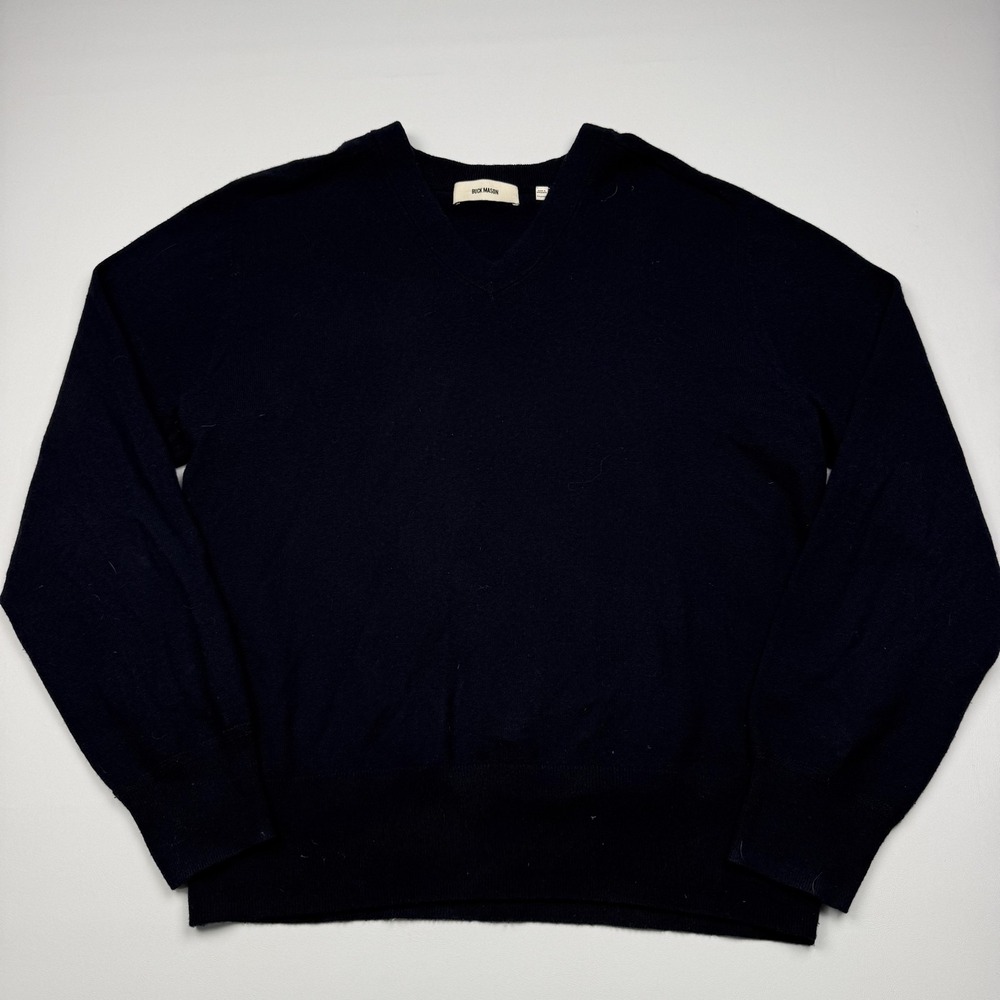 Buck Mason Sweater Mens XL Navy Blue 100% Cashmere V Neck Pullover Knit Soft